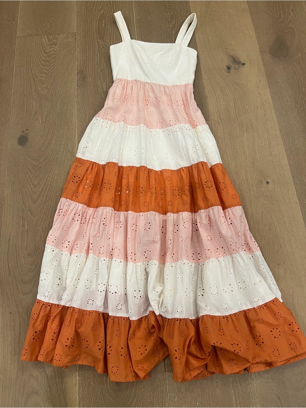 Anthropologie Striped Eyelet Tiered Sundress in Pink, White & Rust